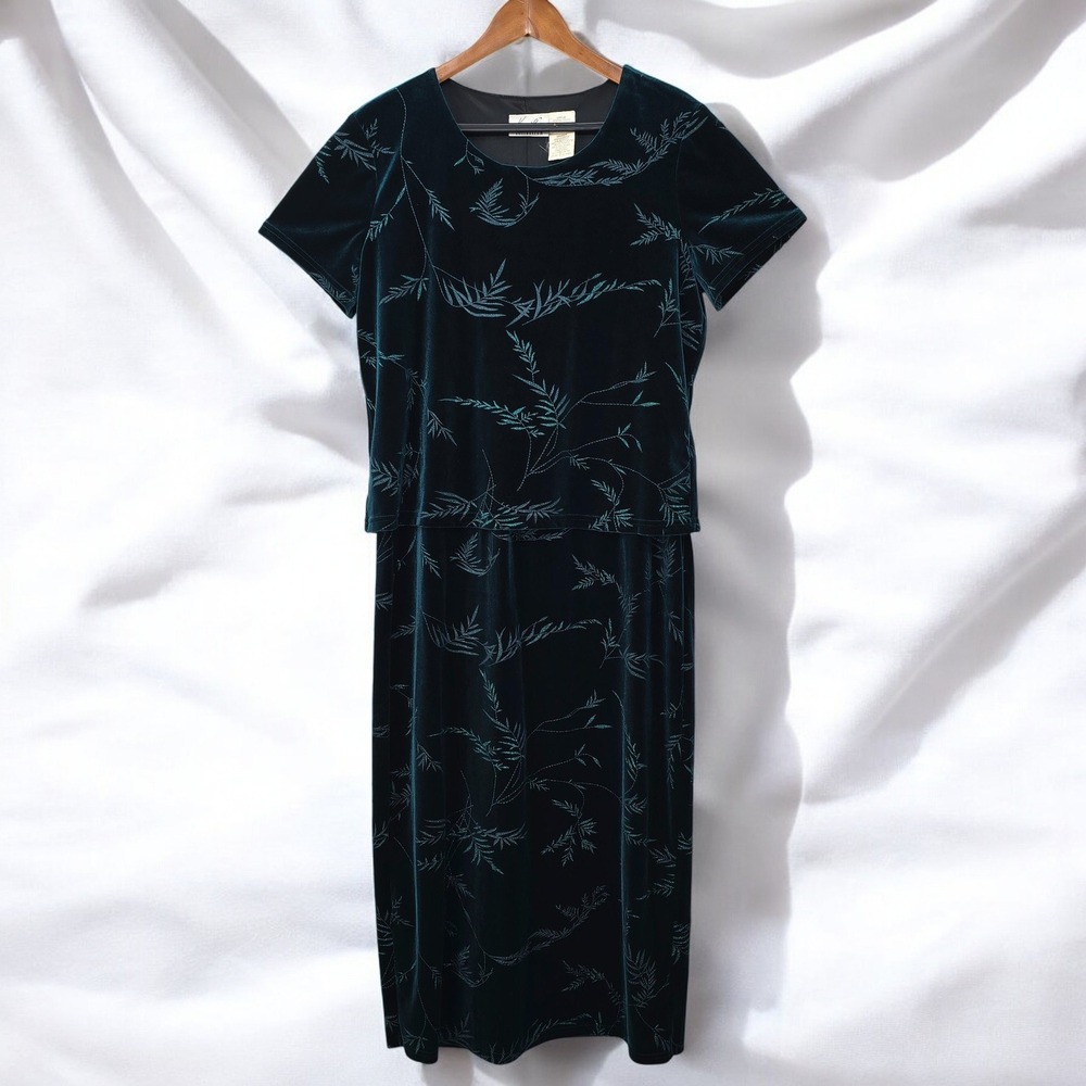 Kathie Lee Velvet‎ Dress Woman Large Teal Floral Maxi Short Sleeve Evening Retro